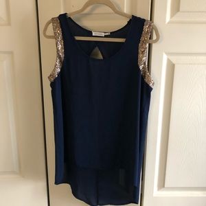 High Low Navy Tank with Gold Sequin Accent